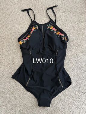 Ulla Popken Black One-Piece Swimsuit with Floral Embroidery